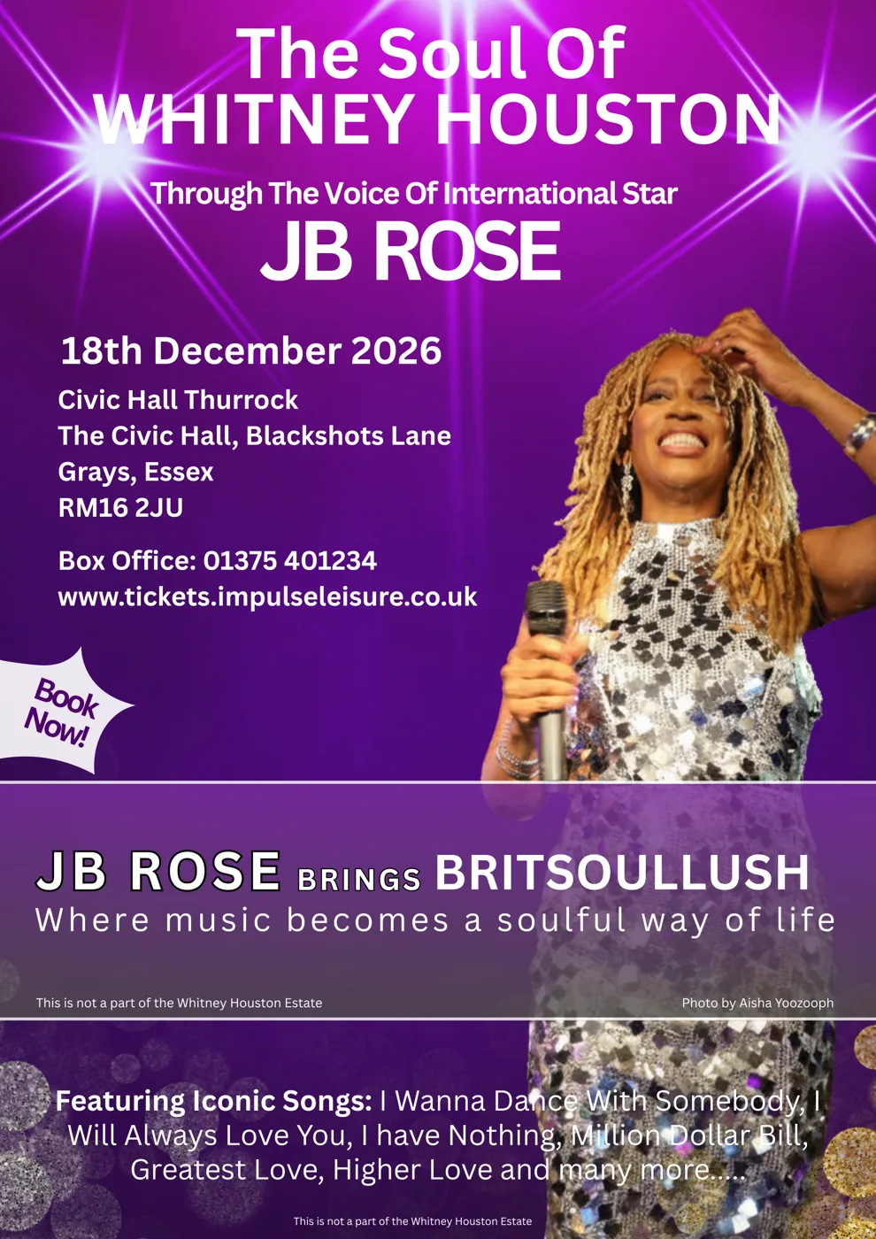 Poster for The Soul of Whitney Houston at Civic Hall Thurrock on 18 December 2026, with box office 01375 401234 and the listed songs, beside a photograph of JB Rose