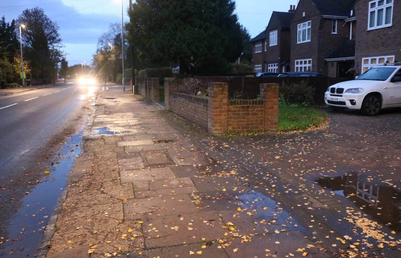 Old Bedford Road at dusk, the main approach to Popes Meadow, which closes from Cromwell Hill to Stockingstone Road on fireworks night.